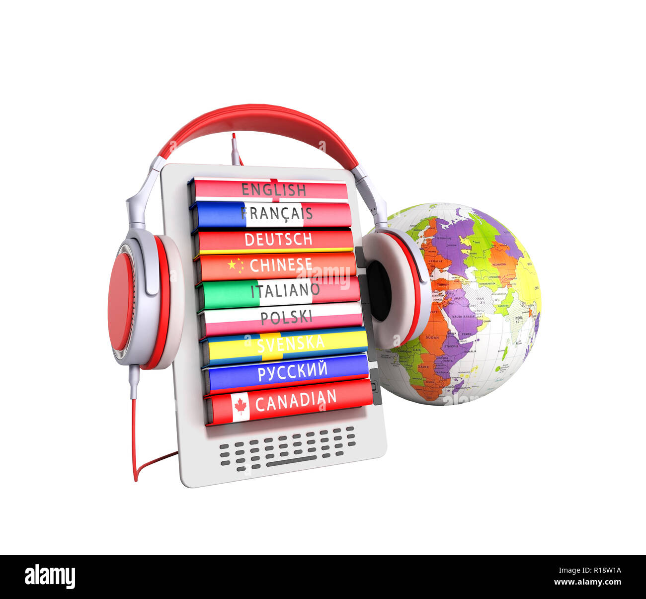 E-Book mit Globus audio Sprachen lernen 3d-render kein Schatten Stockfoto