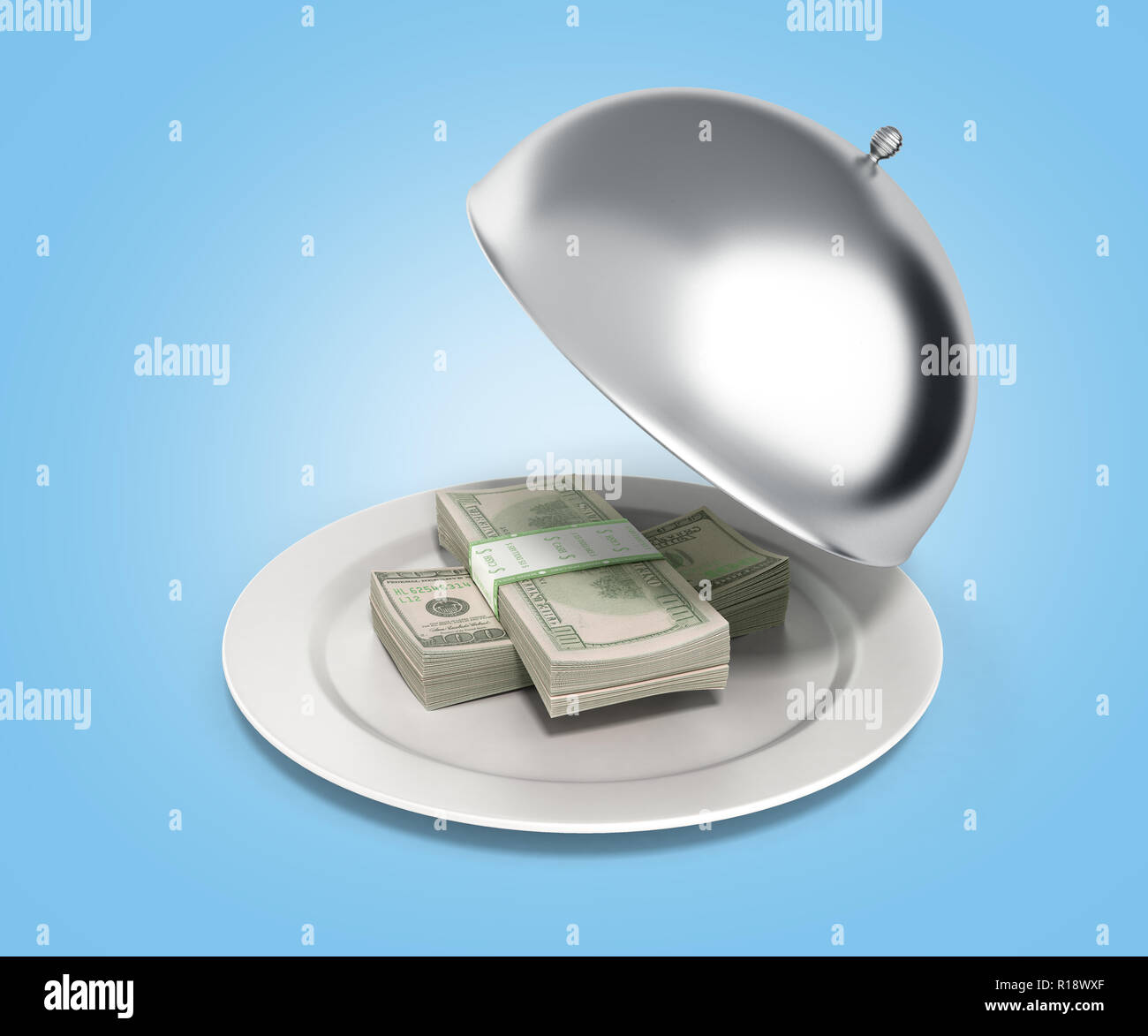 Konzepte der schnelles Geld Kredit geld Hundert-Euro-Scheine im Restaurant cloche mit offenen Deckel 3D-Render auf Blau Stockfoto