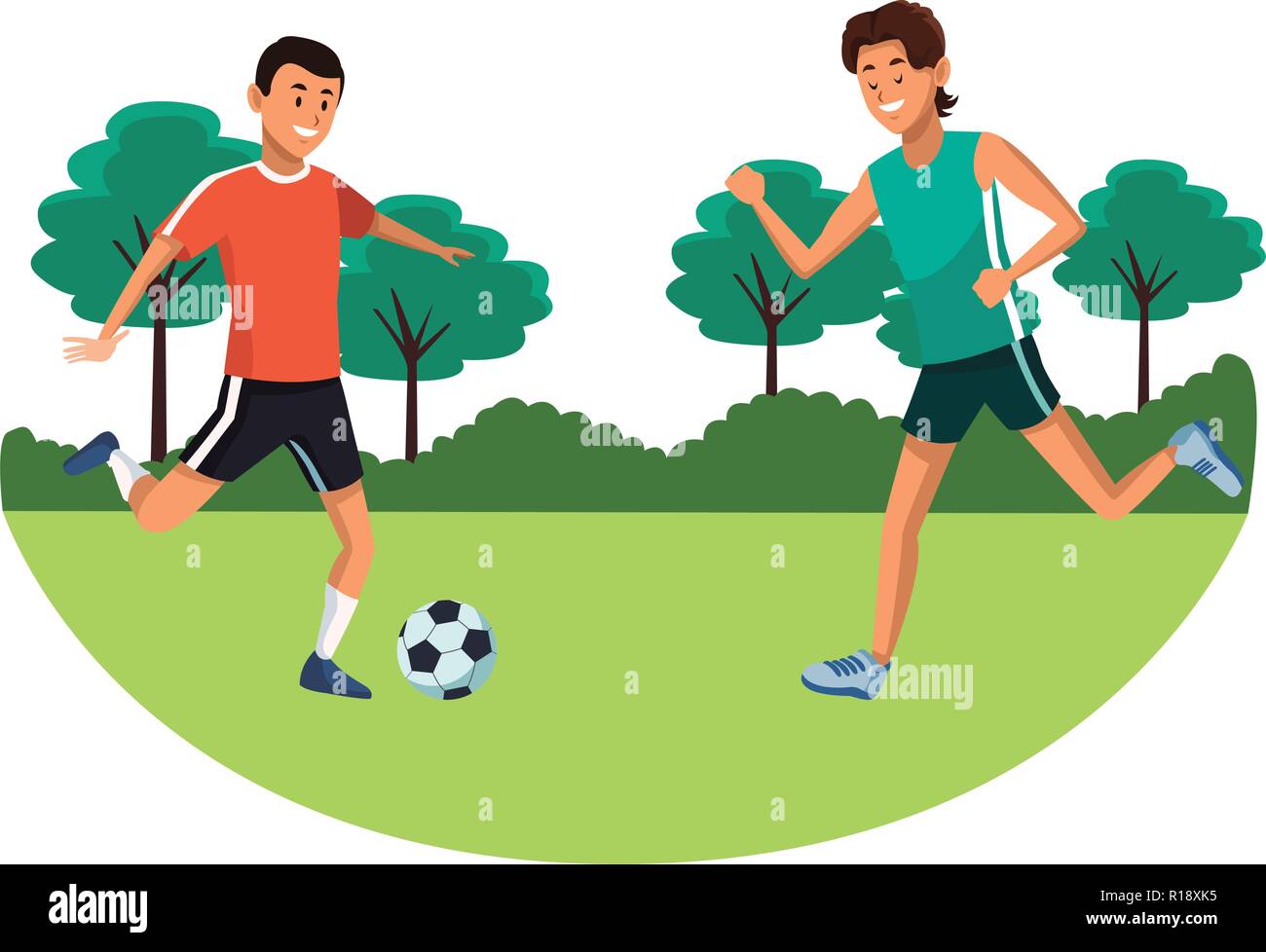 Freunde Junge Manner Fussball Spielen Uber Natur Feld Cartoon Vector Illustration Graphic Design Stock Vektorgrafik Alamy