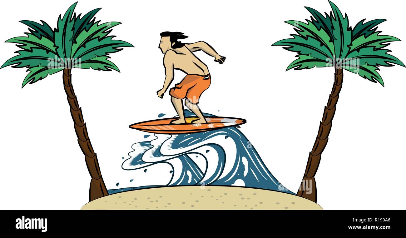 Sommer surfer Mann mit dem Surfen auf der Welle cartoon Vector Illustration graphic design Stock Vektor