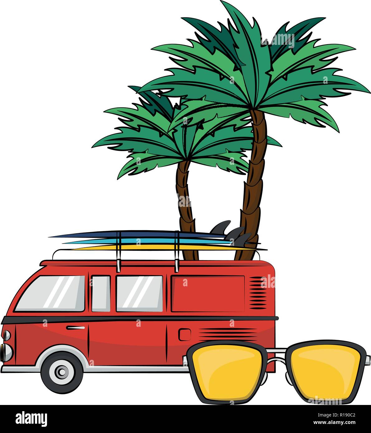 Sommer Strand Oldtimer und Sonnenbrille mit Palm Tree cartoons Color Vector Illustration graphic design Stock Vektor