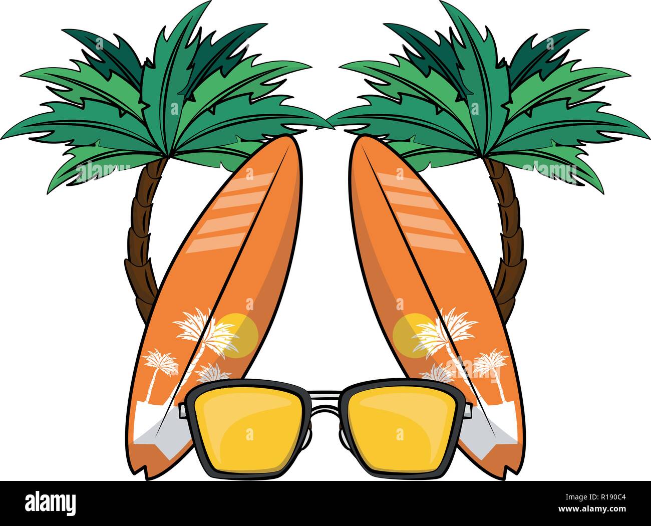 Sommer Strand Sonnenbrille und surfen Sie Tabellen mit Palmen cartoons Color Vector Illustration graphic design Stock Vektor
