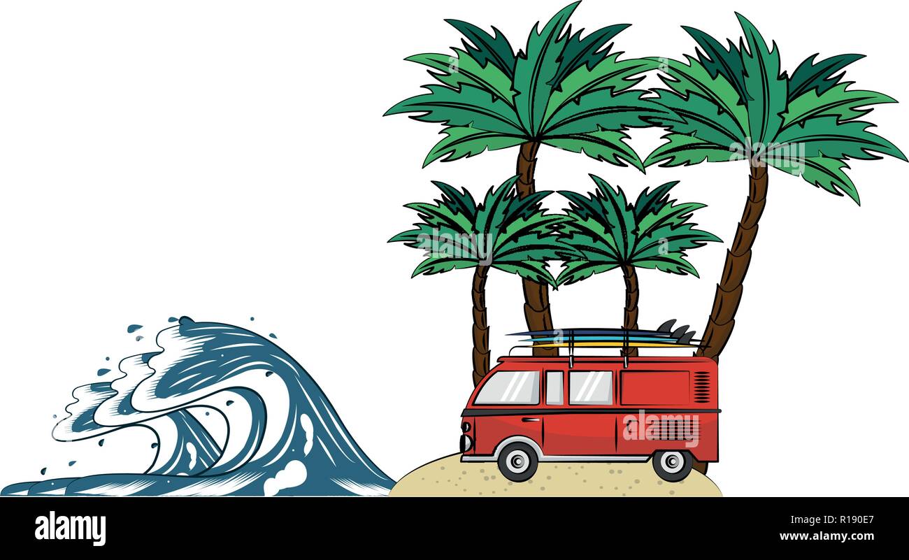 Sommer Oldtimer mit Palmen am Strand mit Wave cartoons Color Vector Illustration graphic design Stock Vektor