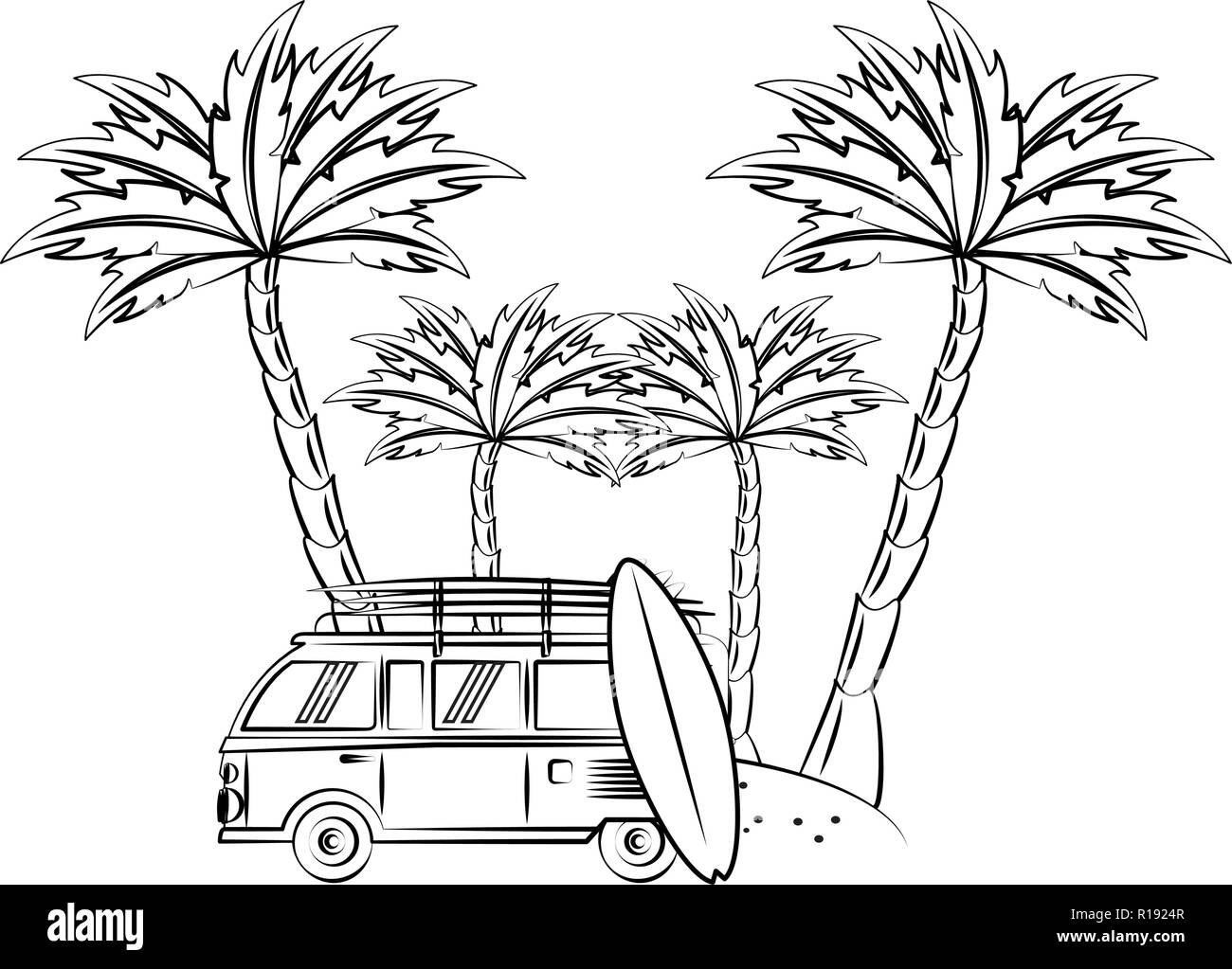 Sommer Oldtimer mit surf Tabelle im Strand cartoons Skizze Vector Illustration graphic design Stock Vektor