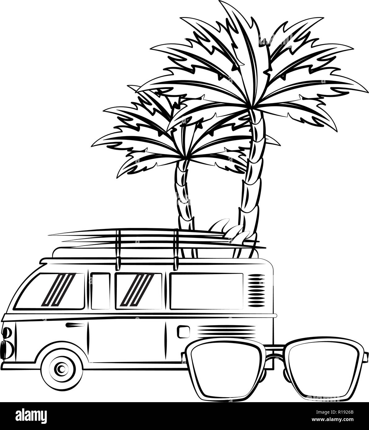 Sommer Strand Oldtimer und Sonnenbrille mit Palm Tree cartoons Skizze Vector Illustration graphic design Stock Vektor