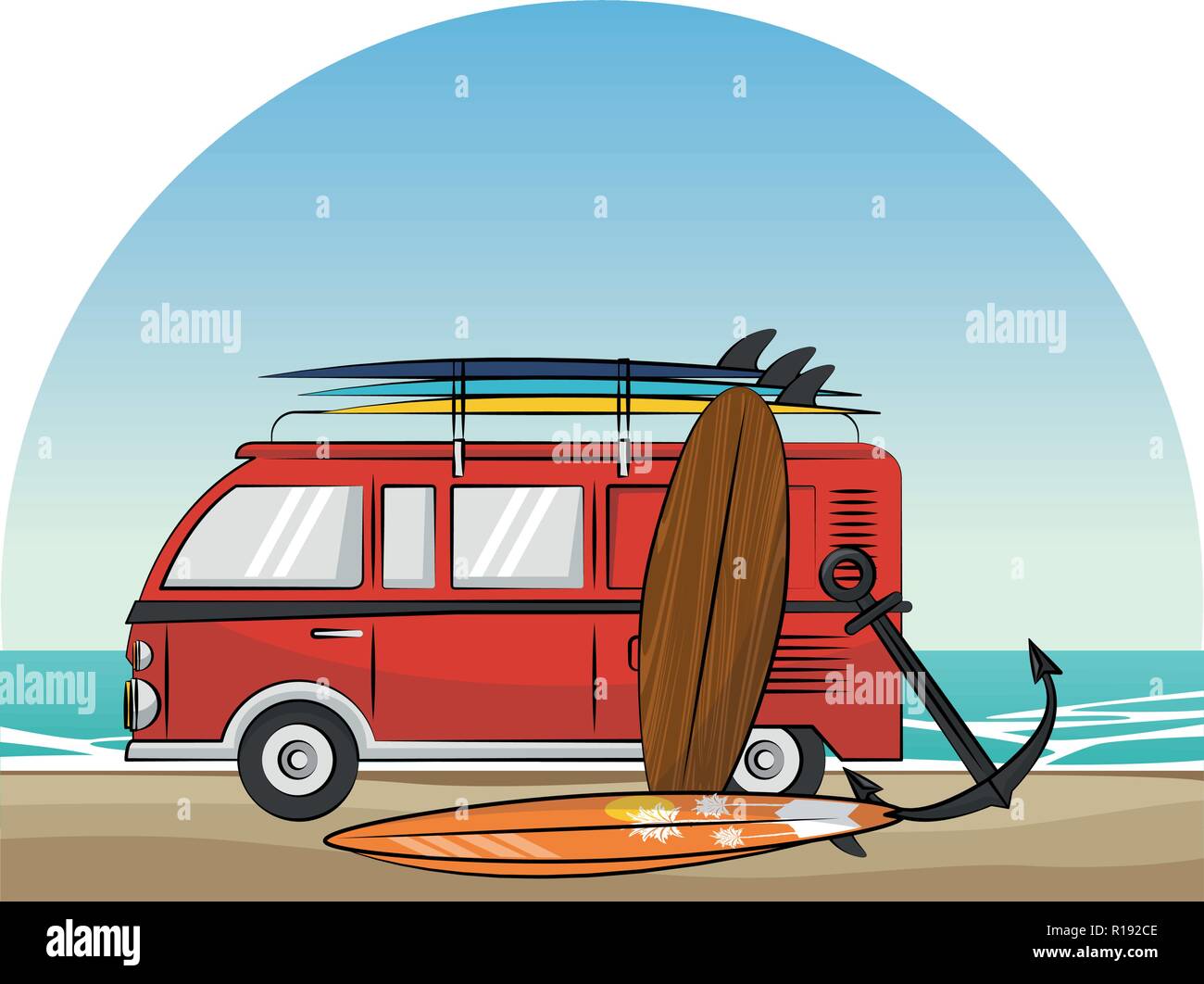 Sommer Strand Oldtimer mit surf Tabellen und Anker cartoons Vector Illustration graphic design Stock Vektor