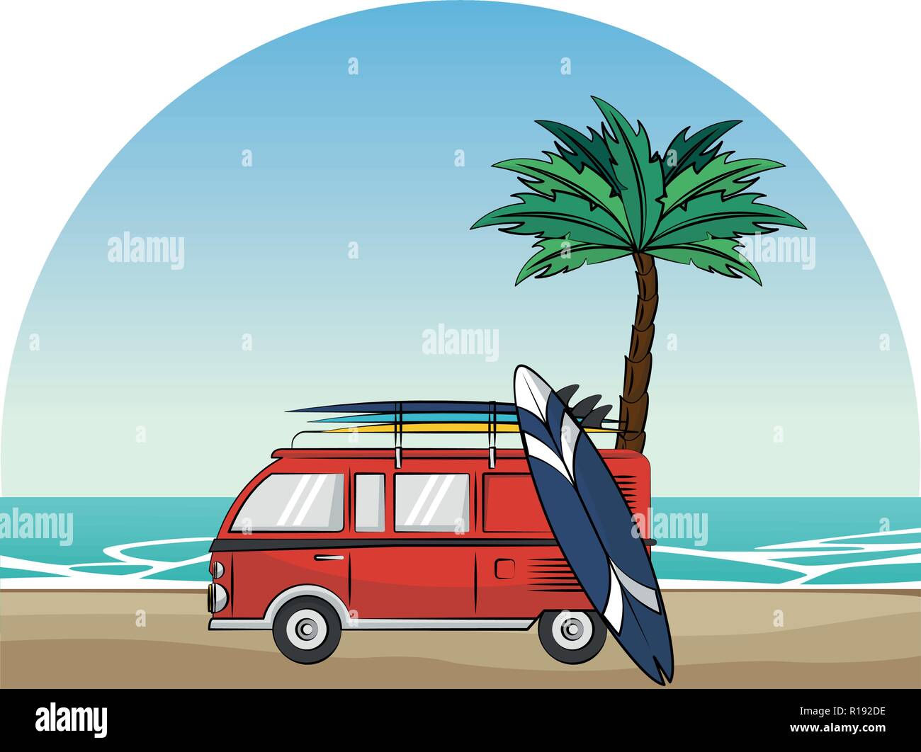 Sommer Oldtimer mit surf Tabelle im Strand cartoons Vector Illustration graphic design Stock Vektor