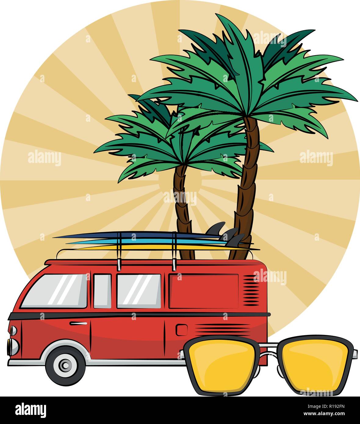 Sommer Strand Oldtimer und Sonnenbrille mit Palm Tree cartoons Vector Illustration graphic design Stock Vektor