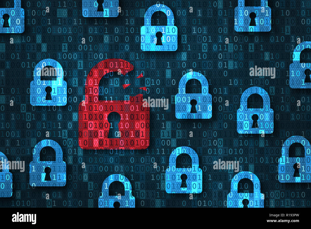 Verletzung der Sicherheit, System gehackt Alert mit Red Broken Vorhängeschloss angezeigt unsichere Daten unter Abwehr von Cyberattacken, Gefährdeten Zugang, Passwort, vi Stockfoto