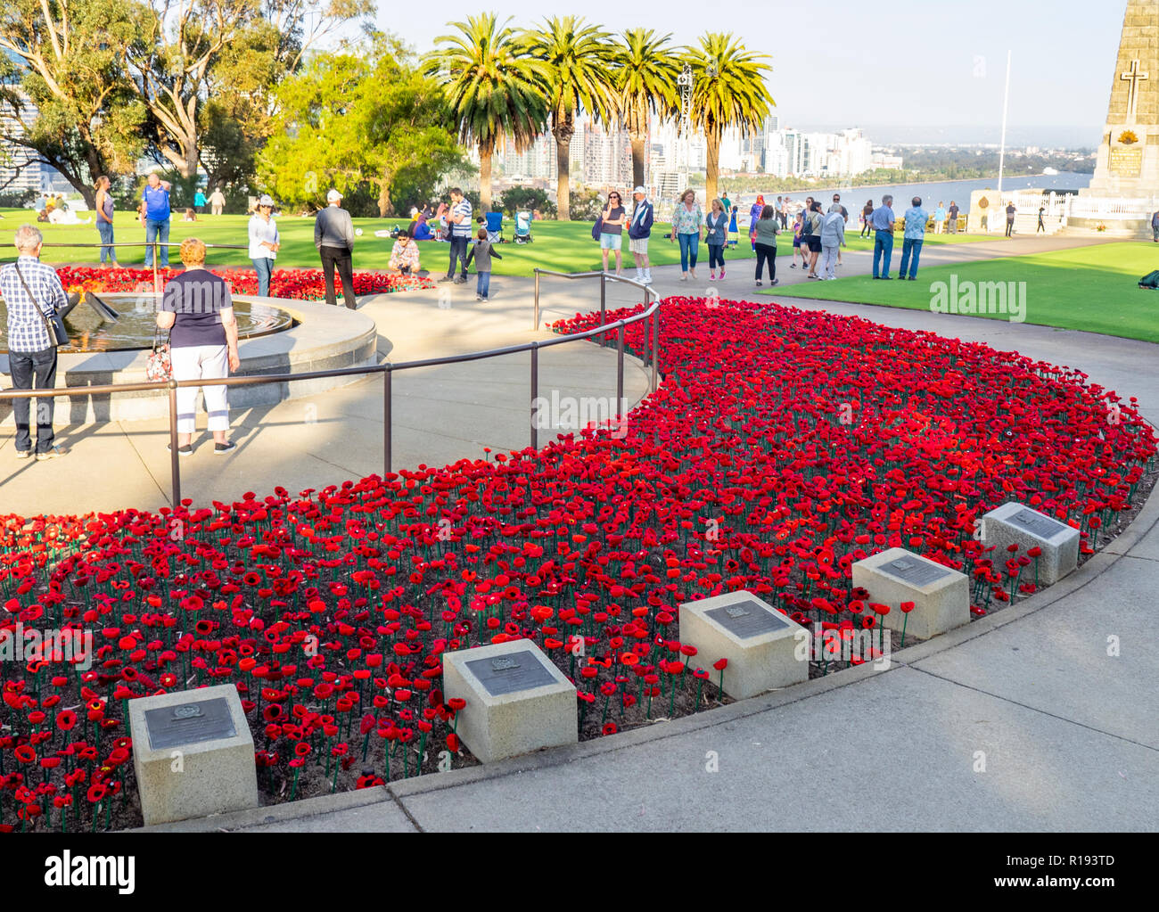 2018 Tag der Erinnerung Poppy Projekt anzeigen von handgefertigten Mohnblumen im Kings Park Perth Western Australia Stockfoto