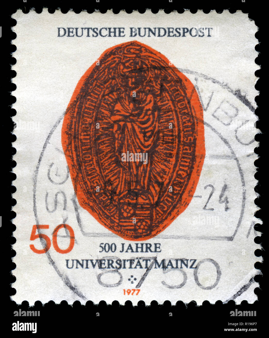 Poststempel Stempel aus der Bundesrepublik Deutschland in den 500 Jahren der Universität Mainz Serie 1977 ausgestellt Stockfoto