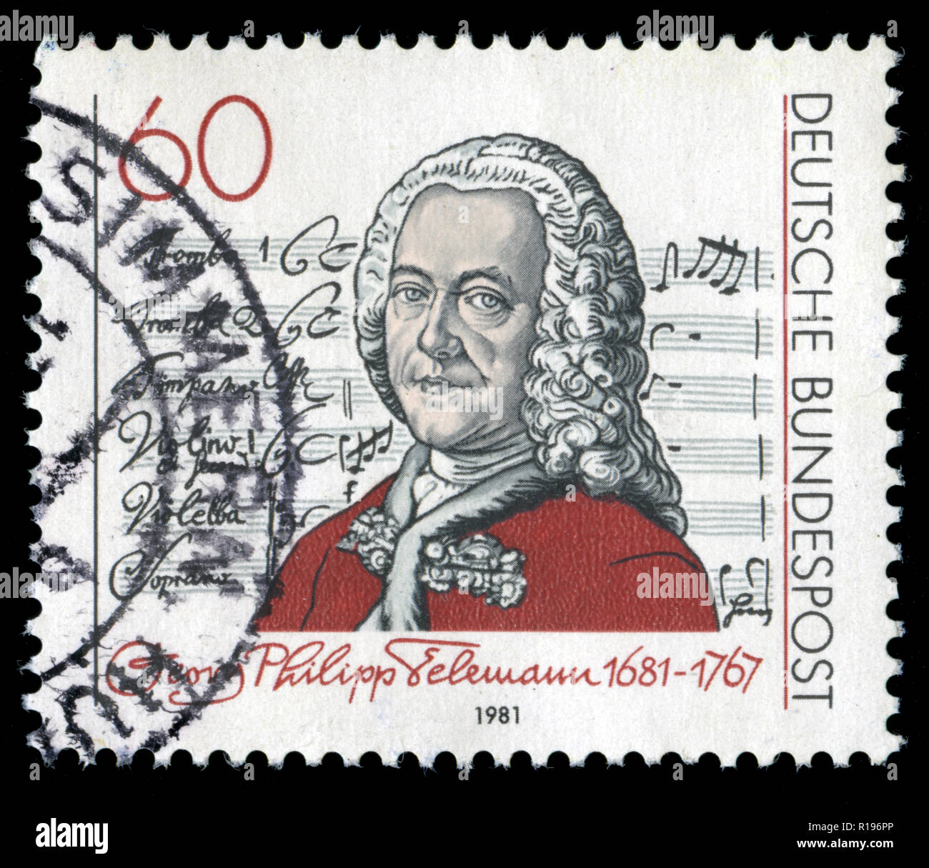 Poststempel Stempel aus der Bundesrepublik Deutschland in den 300. Geburtstag von Georg Philipp Telemann Reihe in 1961 Stockfoto