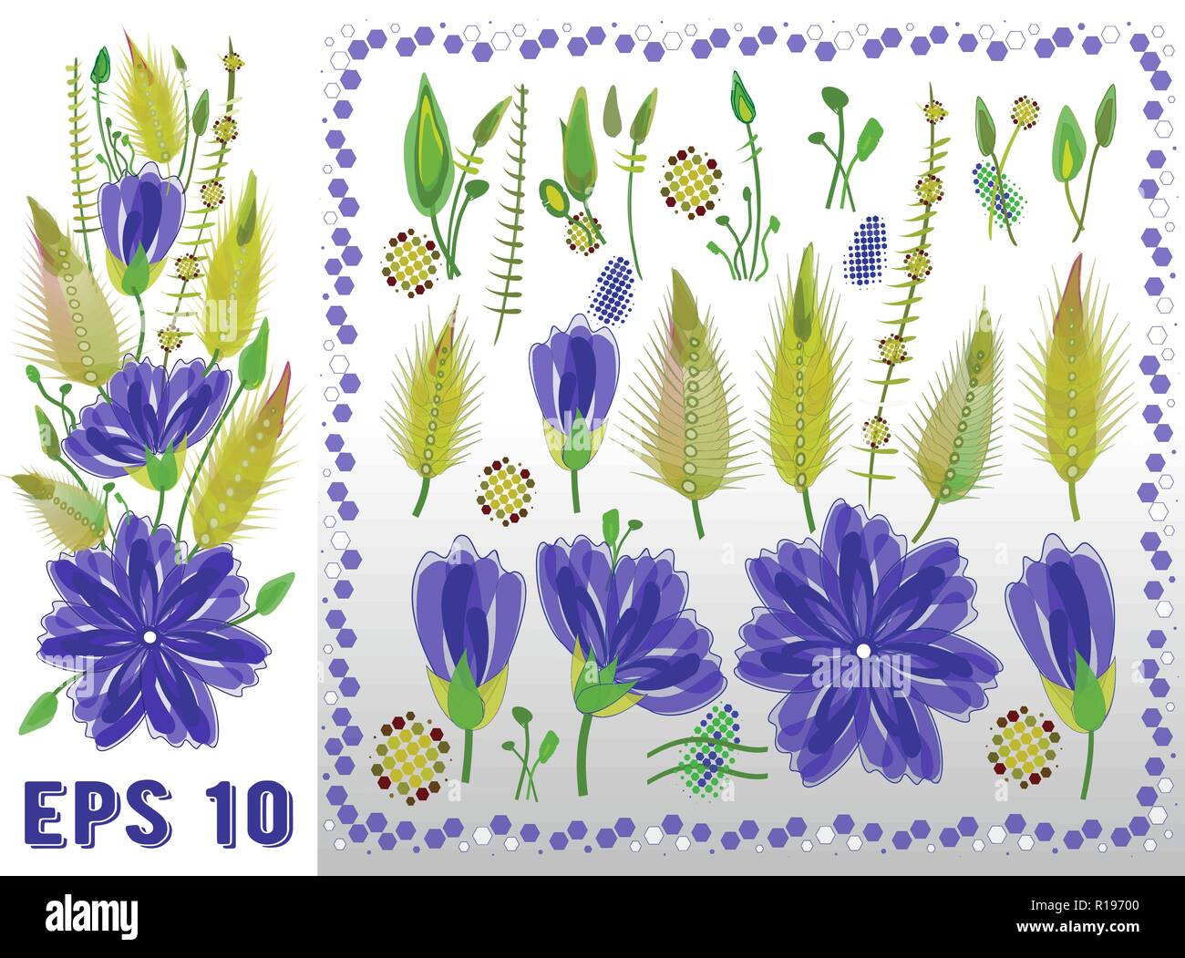 Florale Elemente Set mit Violett Daisy Art Blumen, Blätter und Knospen. Vector gezeichnet botanischen Pflanzen für die Dekoration, Einladung Hochzeit, Muster. Eps 10. Stock Vektor