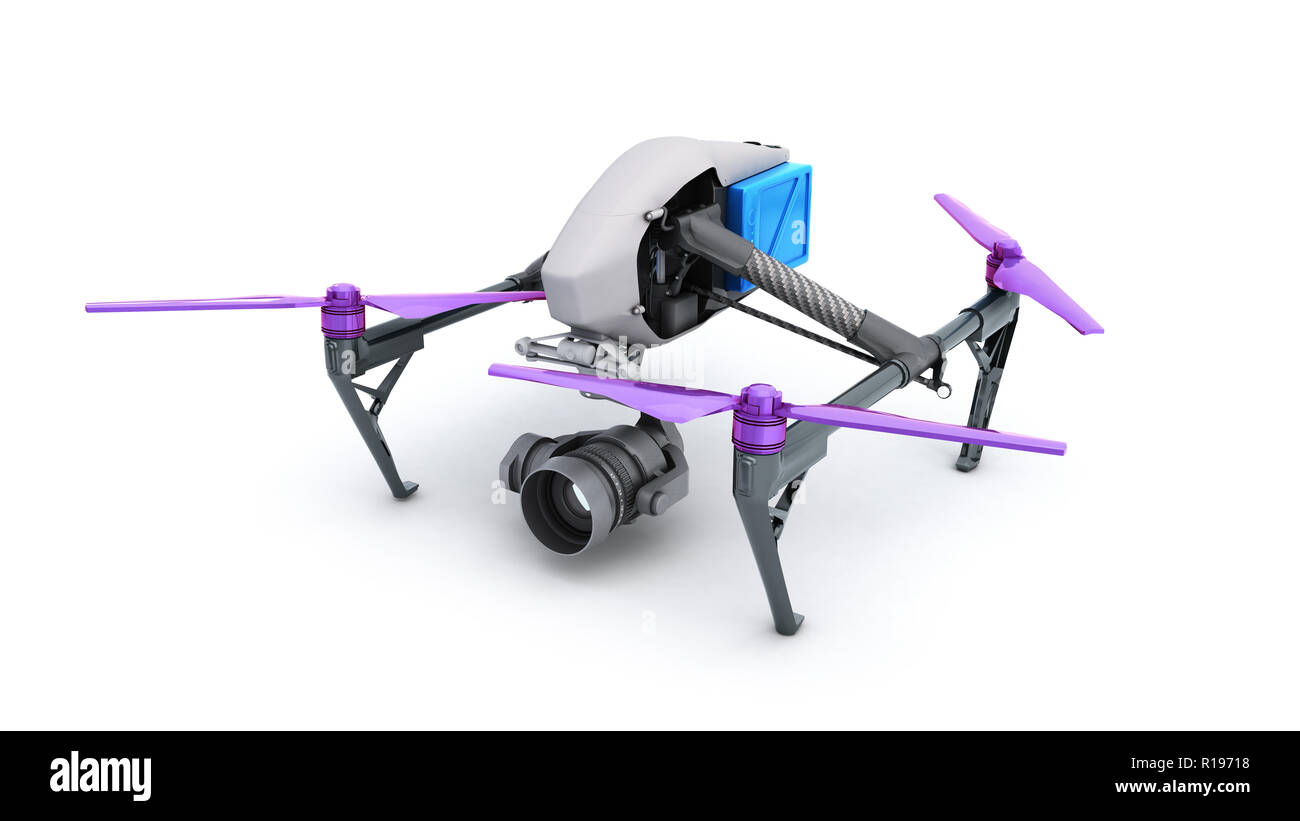 Film Konzept generisches Design Fernbedienung Luft Drohne Fliegen, 3D-Rendering auf Weiß Stockfoto