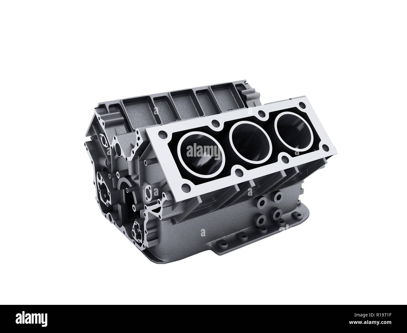 Zylinderblock von Auto mit V6-Motor 3D-Render auf einem weißen kein Schatten Stockfoto