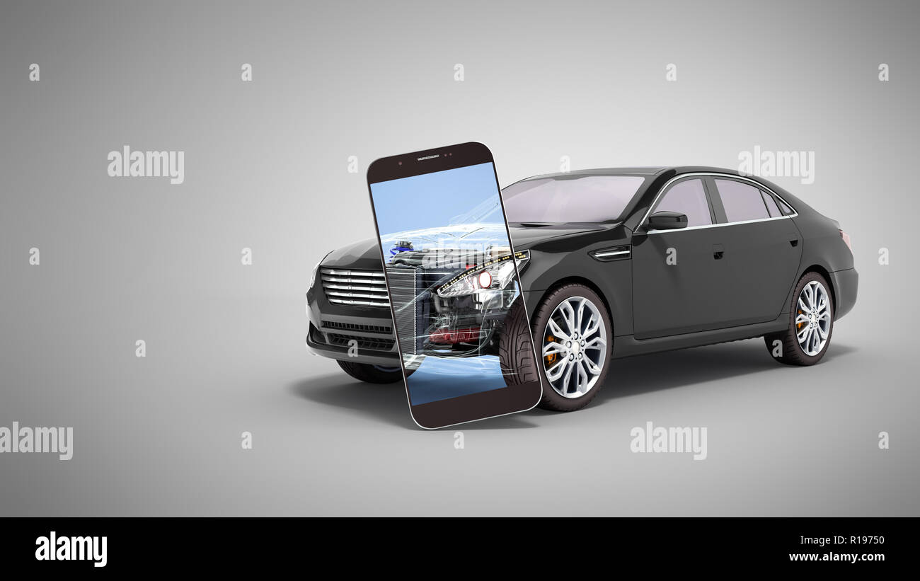 Auto mobile Diagnosekonzept Black Car studio Ansicht 3D-Render Bild Stockfoto