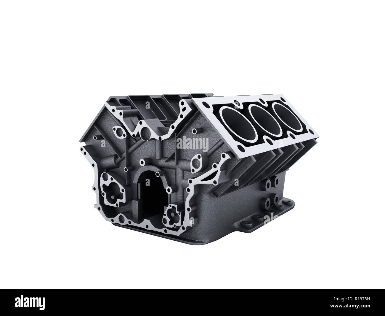 Zylinderblock von Auto mit V6-Motor 3D-Render auf weißem Hintergrund kein Schatten Stockfoto