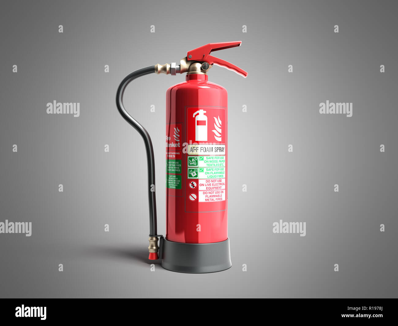 Aff-Schaum spray Feuerlöscher 3D-Render auf grauem Hintergrund Stockfoto