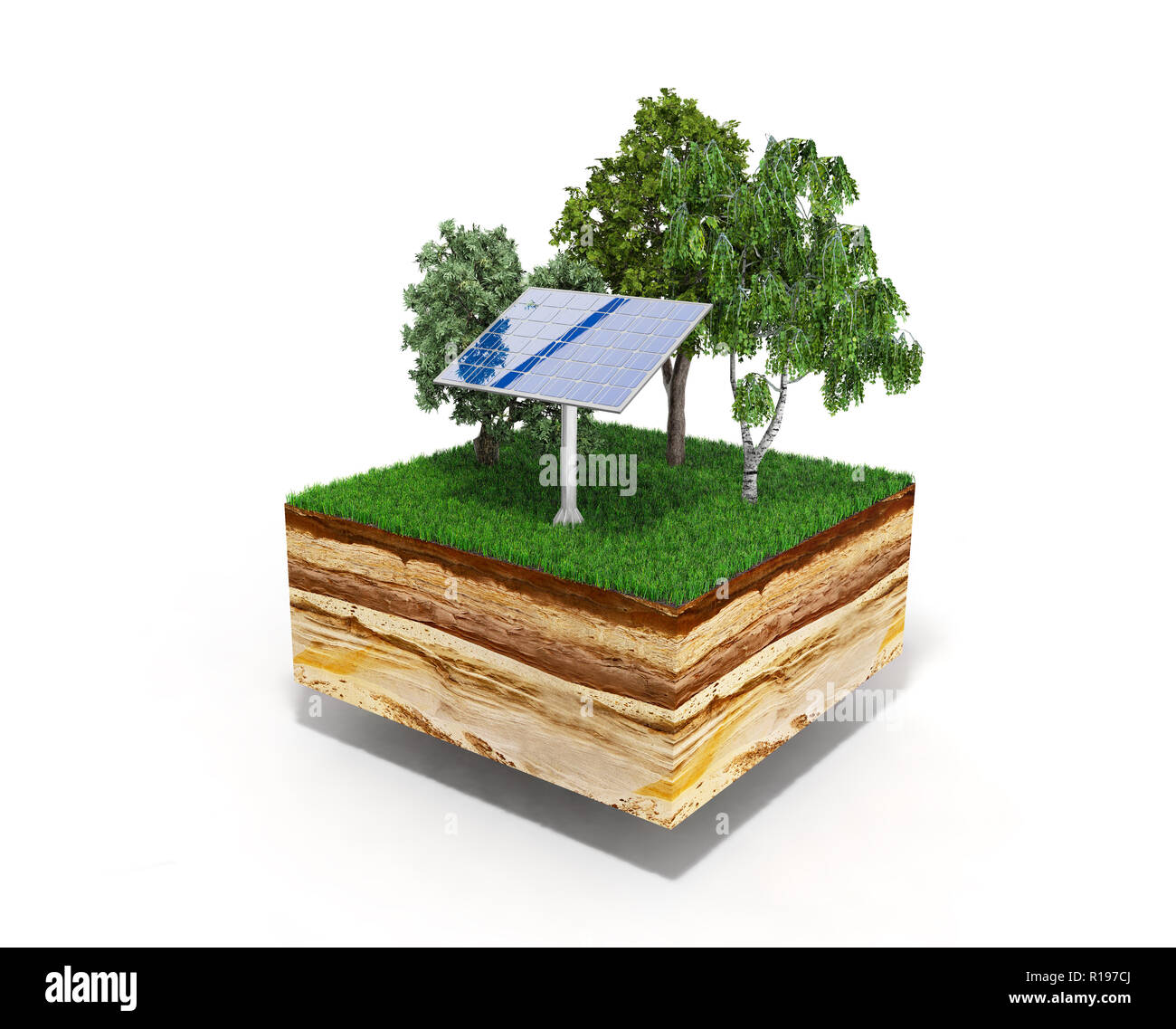 Konzept der alternativen Energie 3d-Abbildung der Querschnitt der Boden mit Gras isoliert auf weißem Stockfoto