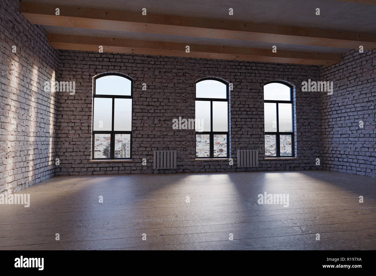 3D-Rendering von leeren Studio Loft mit weissen Steinen Stockfoto