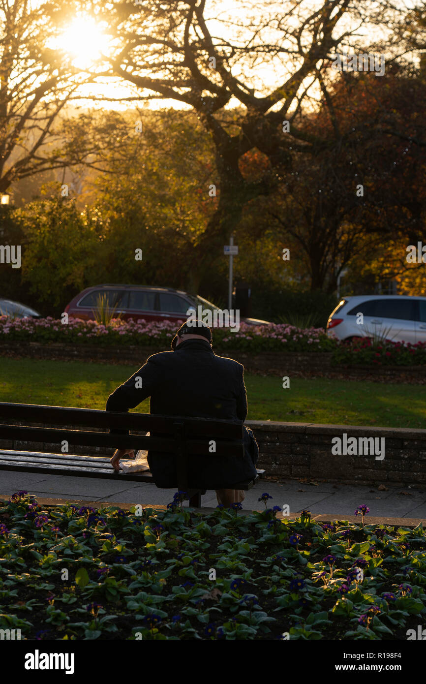 Der Mann saß auf einem Sitz, als die Sonne an einem späten Herbstnachmittag in Harrogate, North Yorkshire, England, Großbritannien, unterging. Stockfoto