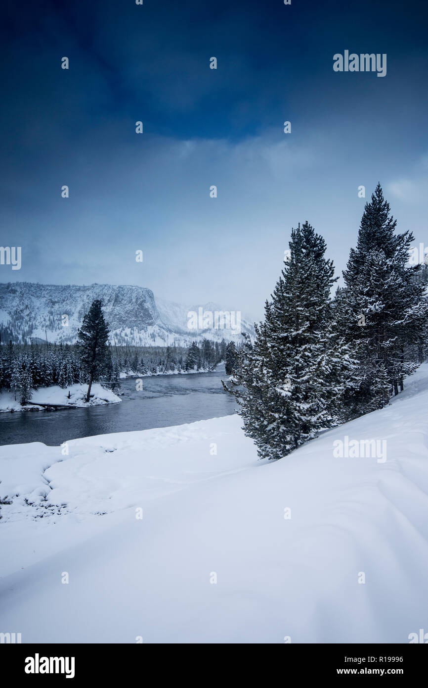 Auf die Landschaft des Yellowstone National Park im Winter, Wyoming, USA Stockfoto