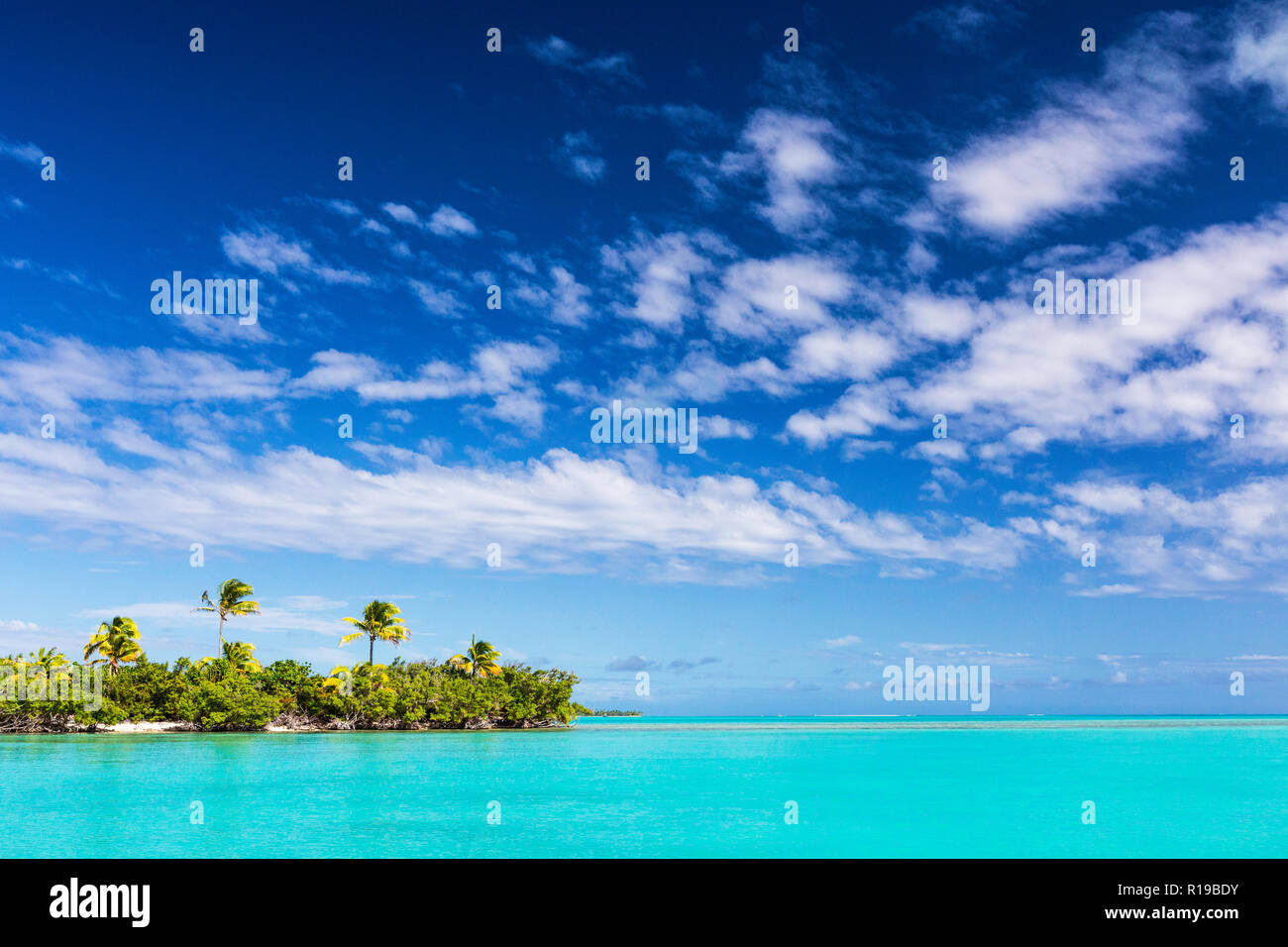 Kokosnuss Palmen säumen den Strand auf einem Fuß Insel Aitutaki, Cook Inseln. Stockfoto