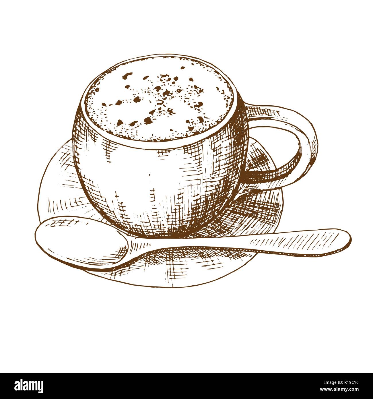 Skizze der Kaffeetassen auf eine Untertasse mit einem Löffel. Vector Illustration in Skizze Stil. Stock Vektor