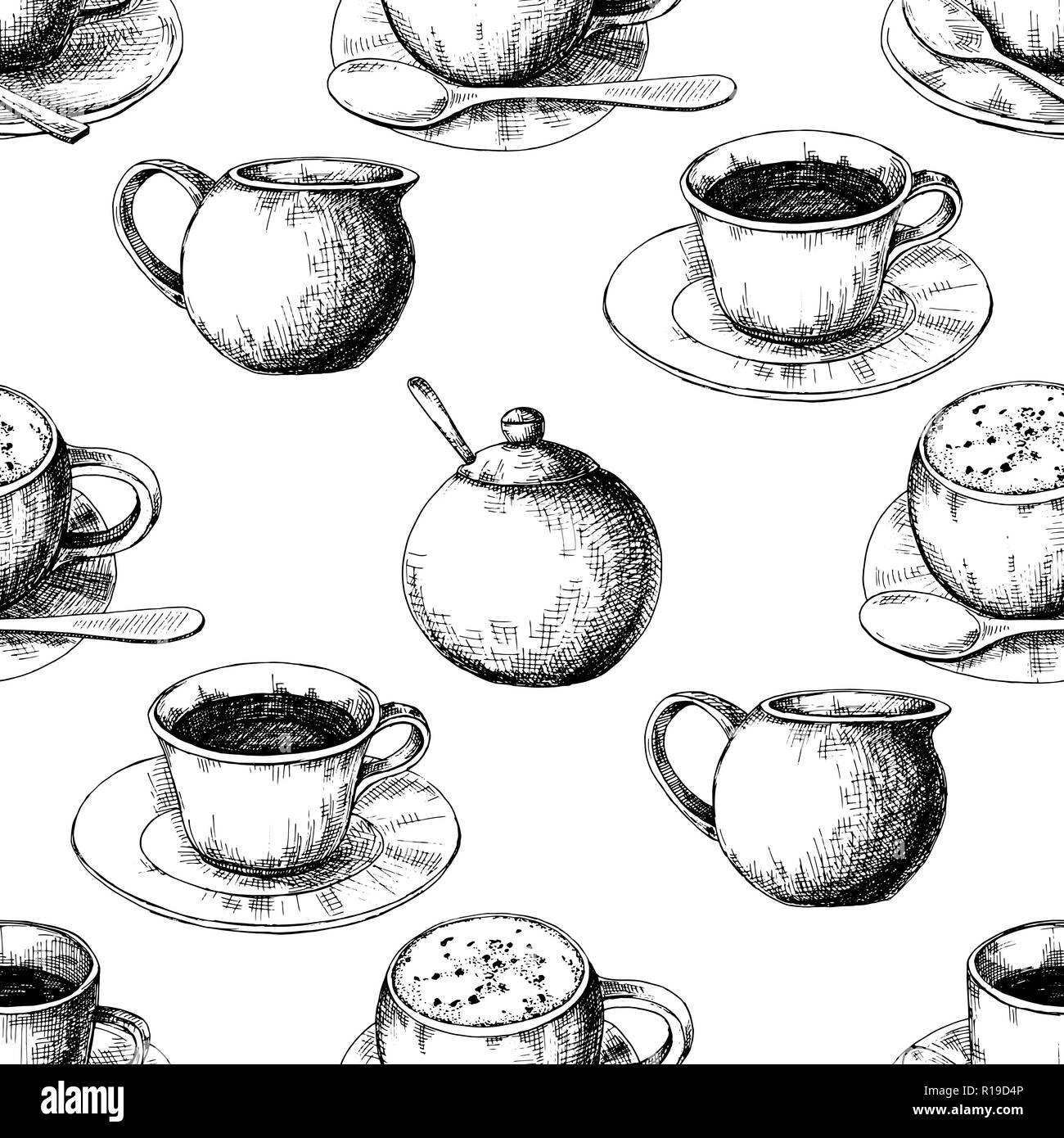 Nahtlose Muster. Die verschiedenen Tassen Kaffee, Kaffeemaschinen und andere Elemente skizzieren. Stock Vektor