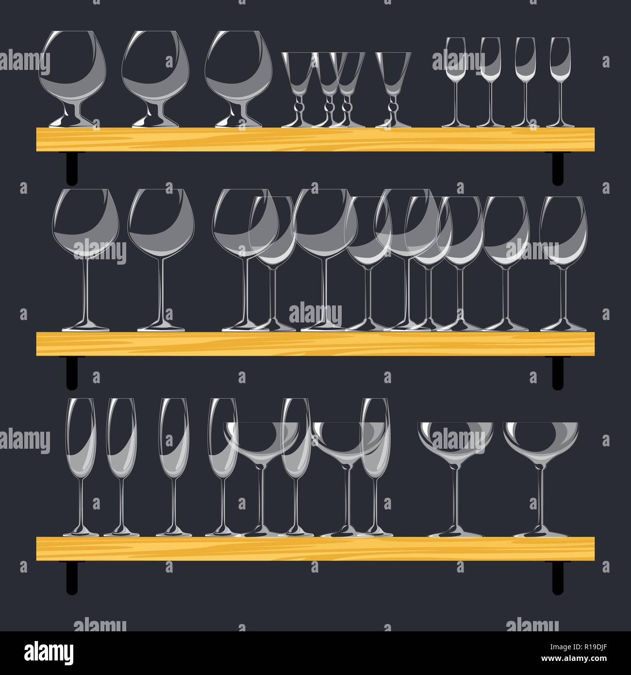 Drei Regale mit Brille. Einstellen der verschiedenen Gläser im Cartoon  Stil. Vektor Stock-Vektorgrafik - Alamy