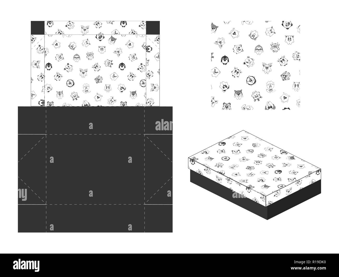 Vorlage Papier Geschenkpaket. Hintergrund mit cute Cartoon Tiere. Vector Illustration. Stock Vektor