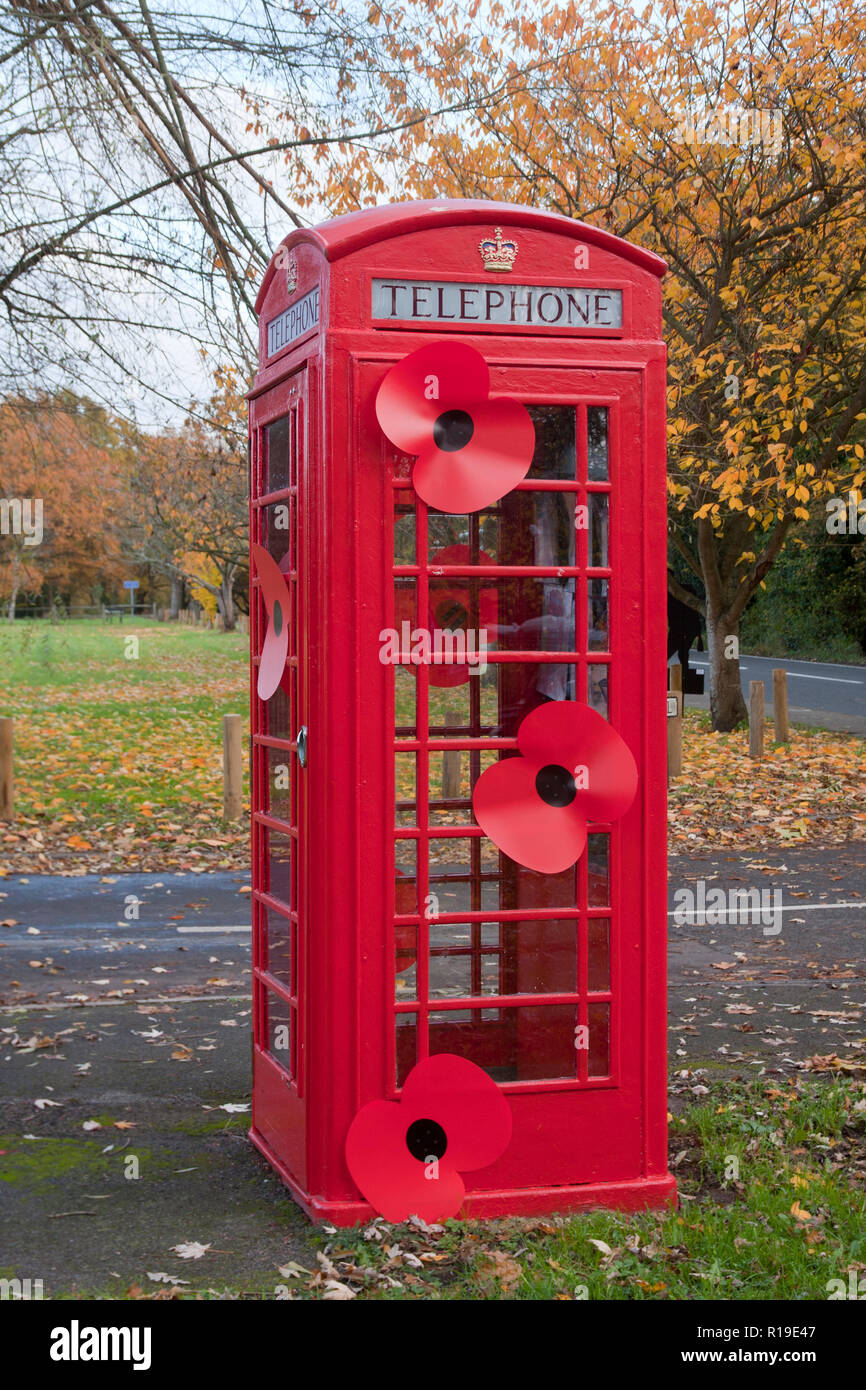 Damit wir es nicht vergessen WW1 100, dekoriert Telefonzelle in Compton, Surrey Stockfoto