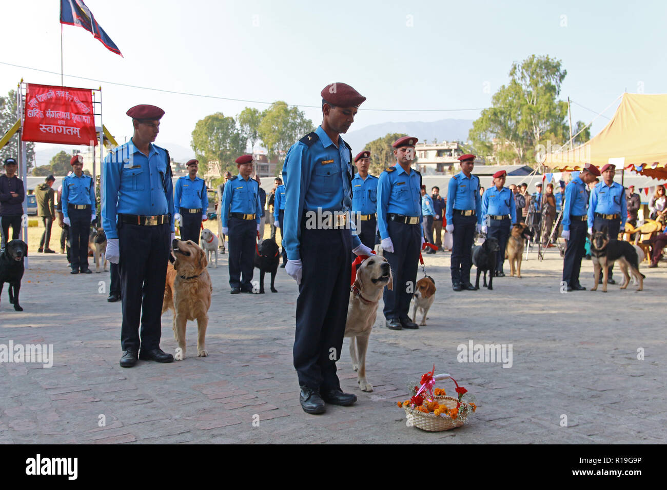 Ein Polizist feiern das Festival Teil des Rituals auf Kukur Tihar, der zweite Tag der zweitgrößte Festival in der Polizeiabteilung, Kathmandu. Stockfoto