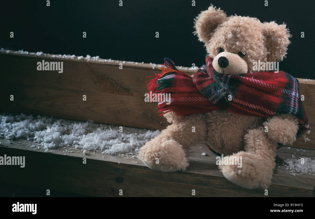 Winter, Kälte, Einsamkeit. Teddy mit Schal sitzt allein an einem verschneiten Sitzbank, Kopie Raum Stockfoto