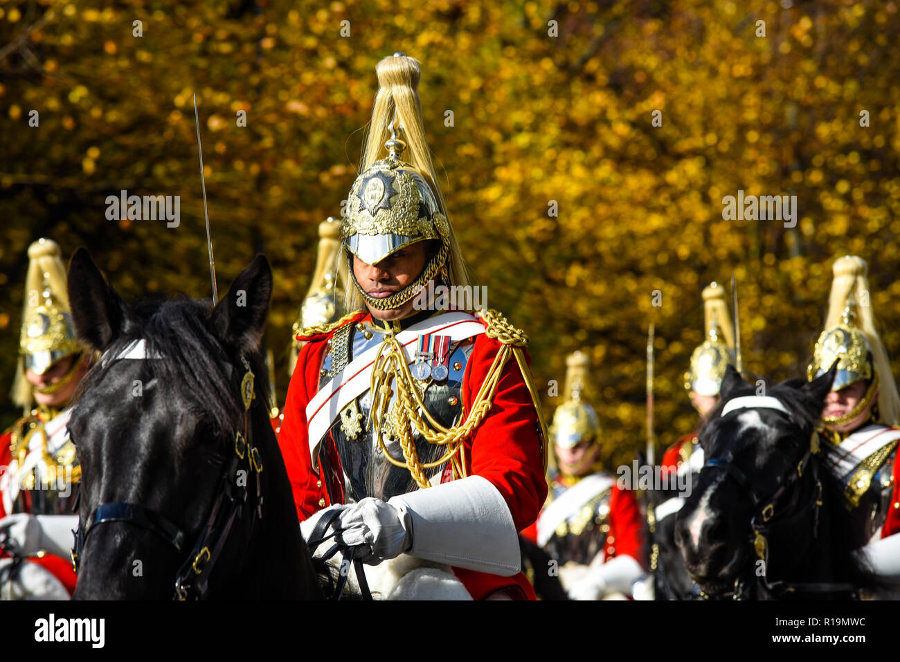 Rettungsschwimmer der Household Cavalry Regiment montiert in der Oberbürgermeister Show Parade, London, Großbritannien 2018 Stockfoto