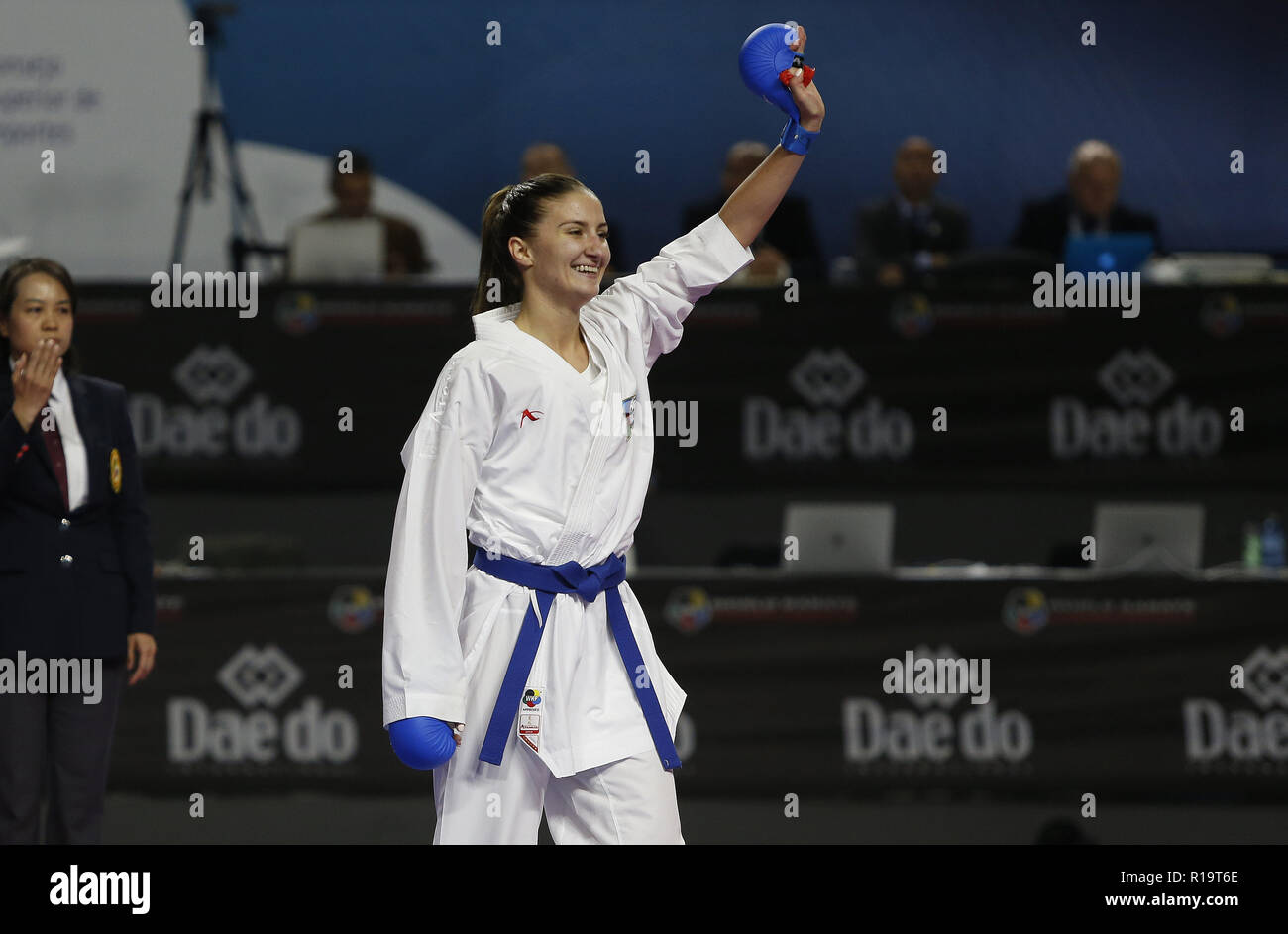 Madrid, Madrid, Spanien. 10 Nov, 2018. Die aserbaidschanische Karateka Irina Zaretska gesehen Feiern nach dem Sieg über die Russischen Karateka Victoria Isaeva während des Kumite weiblich -68 kg Finale des 24. Karate Weltmeisterschaften am WiZink Zentrum in Madrid Quelle: Manu Reino/SOPA Images/ZUMA Draht/Alamy leben Nachrichten Stockfoto