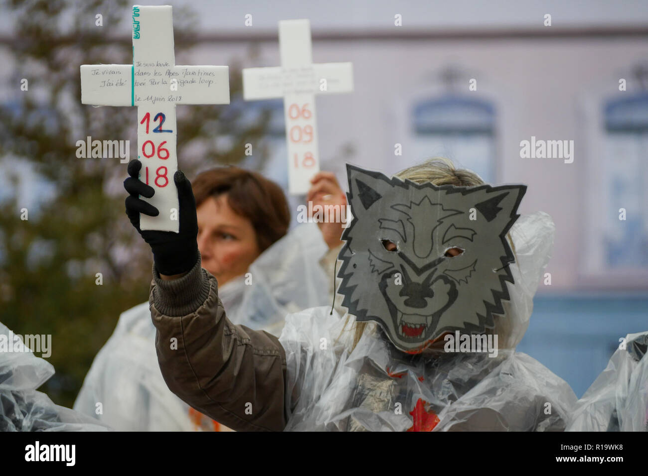 Lyon, Frankreich, 10. November 2018: Reaktion auf "die Wölfe' Stimme - auf Französisch: La voix Des Loups-Call, mehrere Hunderte von Tieren mit der rechten Verteidiger versammelten sich im Zentrum von Lyon (Zentral-ost-Frankreich) am 10. November 2018 eine Rallye statt gegen Wölfe jagen zu protestieren. 47 Wölfe wurden in Frankreich im Jahr 2018 geschossen, 47 militante tragen weiße Anzüge und Wolf Masken auf Platz Bellecour stand, hält ein Kreuz Lesen der Datum der Wolf töten, vor der Teilnahme an einem Marsch durch die Stadt. Foto: Serge Mouraret/Alamy leben Nachrichten Stockfoto