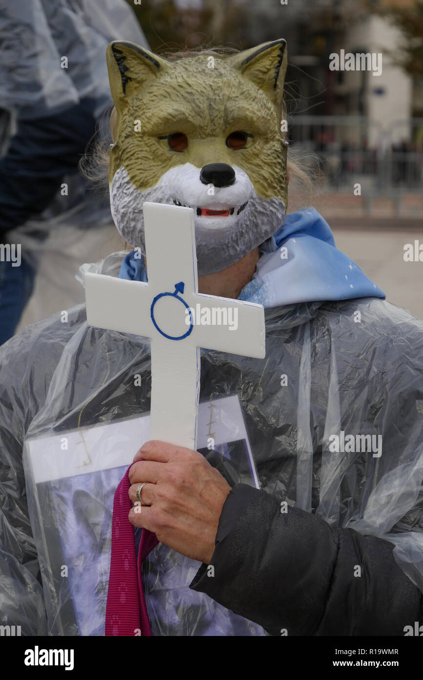 Lyon, Frankreich, 10. November 2018: Reaktion auf "die Wölfe' Stimme - auf Französisch: La voix Des Loups-Call, mehrere Hunderte von Tieren mit der rechten Verteidiger versammelten sich im Zentrum von Lyon (Zentral-ost-Frankreich) am 10. November 2018 eine Rallye statt gegen Wölfe jagen zu protestieren. 47 Wölfe wurden in Frankreich im Jahr 2018 geschossen, 47 militante tragen weiße Anzüge und Wolf Masken auf Platz Bellecour stand, hält ein Kreuz Lesen der Datum der Wolf töten, vor der Teilnahme an einem Marsch durch die Stadt. Foto: Serge Mouraret/Alamy leben Nachrichten Stockfoto