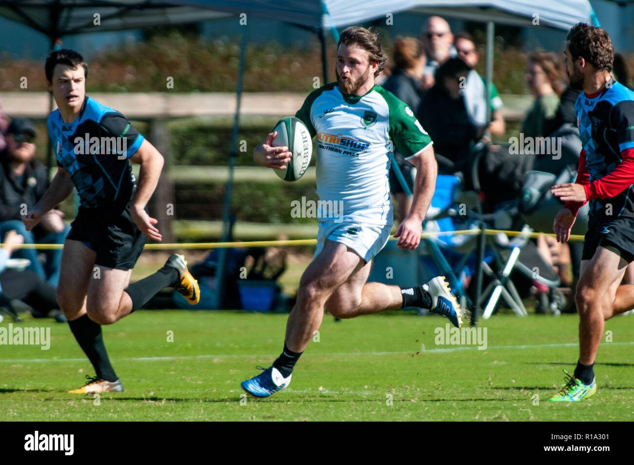 Southern Pines, N. C, USA. 9 Nov, 2018. November 10, 2018 - Southern Pines, N.C., USA - Chris Skinner im Rugby die Carolinas geographische Rugby Union Männer Aktion zwischen den Southern Pines'' große Kegel'' und Tabak Road Rugby Football Club Twin Felder Bauernhof. Southern Pines Tabak Straße 63-5 besiegte im letzten Spiel der Saison 2018 vor dem Urlaub. Credit: Timothy L. Hale/ZUMA Draht/Alamy leben Nachrichten Stockfoto