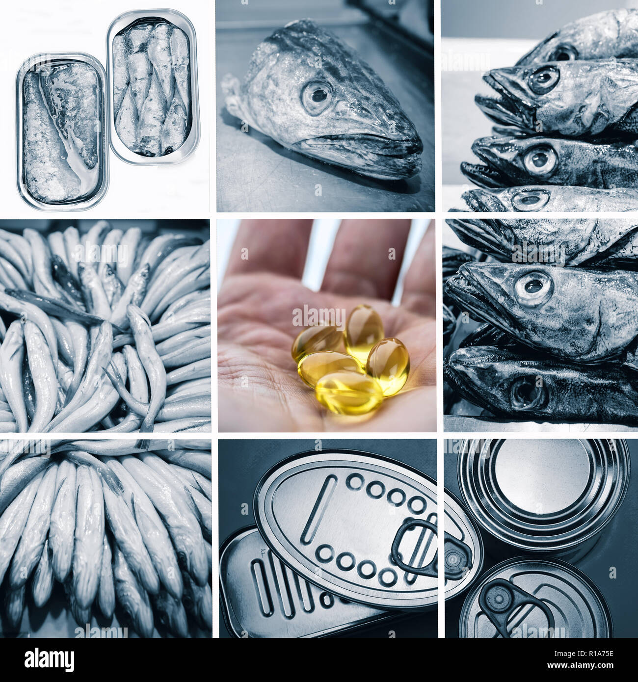 Kapseln mit Fischöl sorgt für das Cholesterin, collage Prävention alternative, konzeptionelle Bild Stockfoto