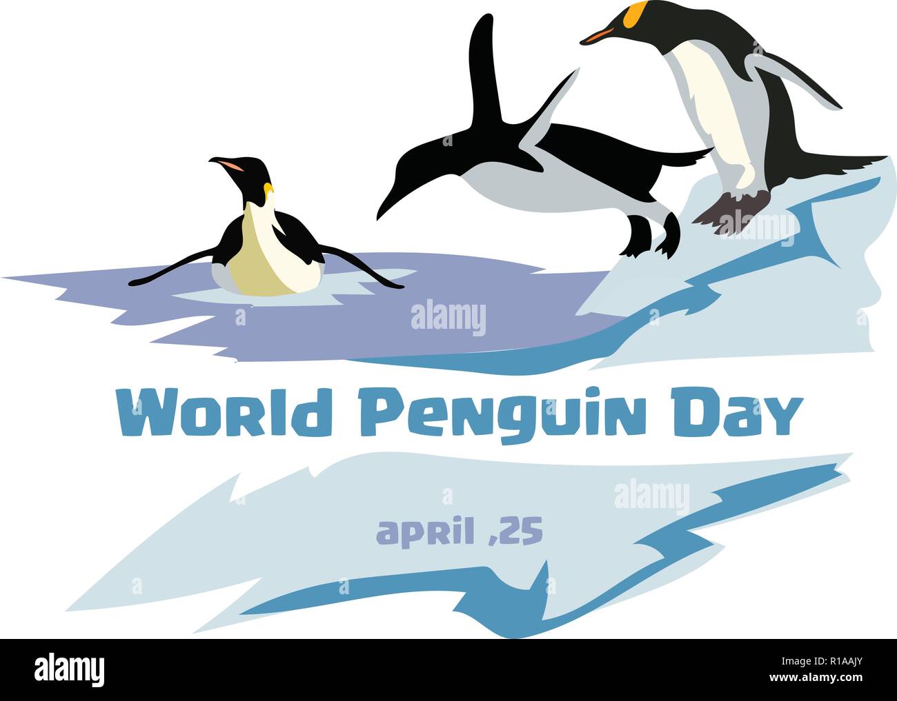 Welt pinguin Tag. Springen und Schwimmen Pinguin auf einem blauen Hintergrund. Eisberg Hintergrund. Stock Vektor