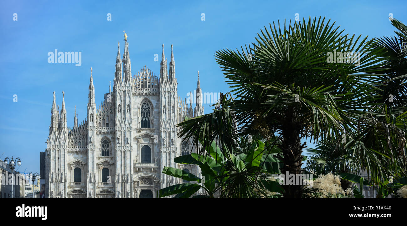 Der Dom in Mailand, Italien Mit der neu gepflanzten Palmen und das Reiterstandbild von Vittorio Emanuele II. Stockfoto