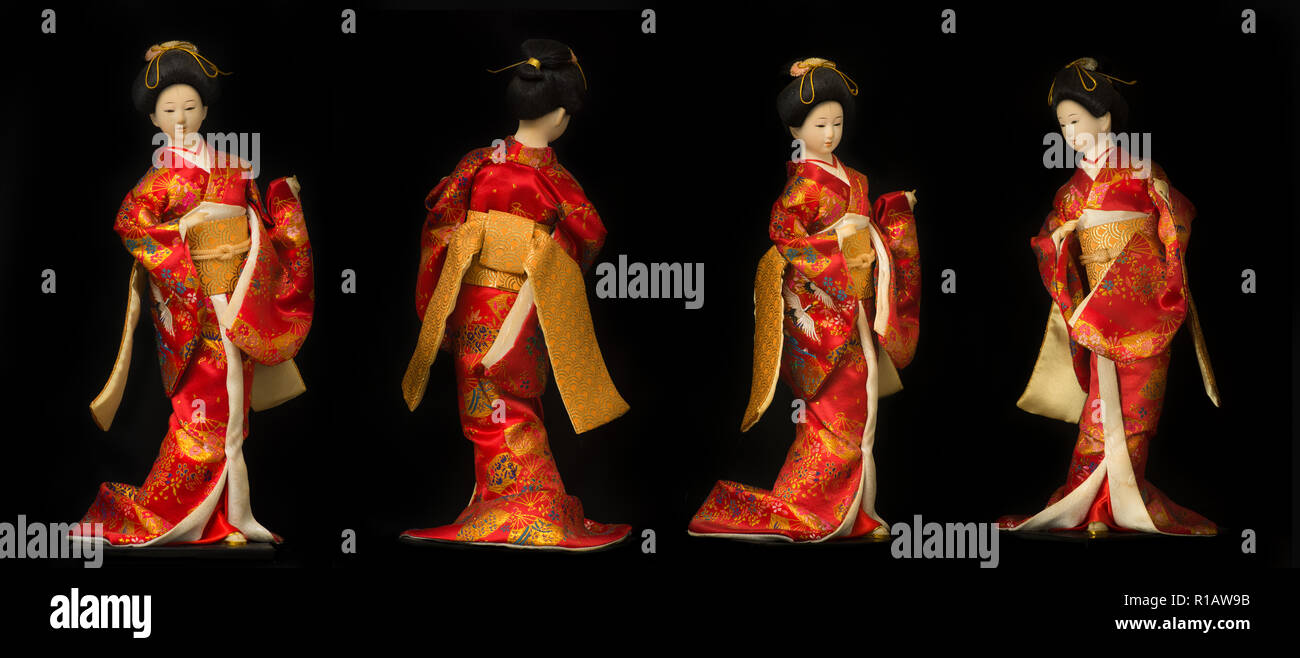 Vier Ansichten eines traditionellen Japanischen Geisha Puppe in rot Kimono auf schwarzem Hintergrund isoliert, aus allen Blickwinkeln gezeigt Stockfoto