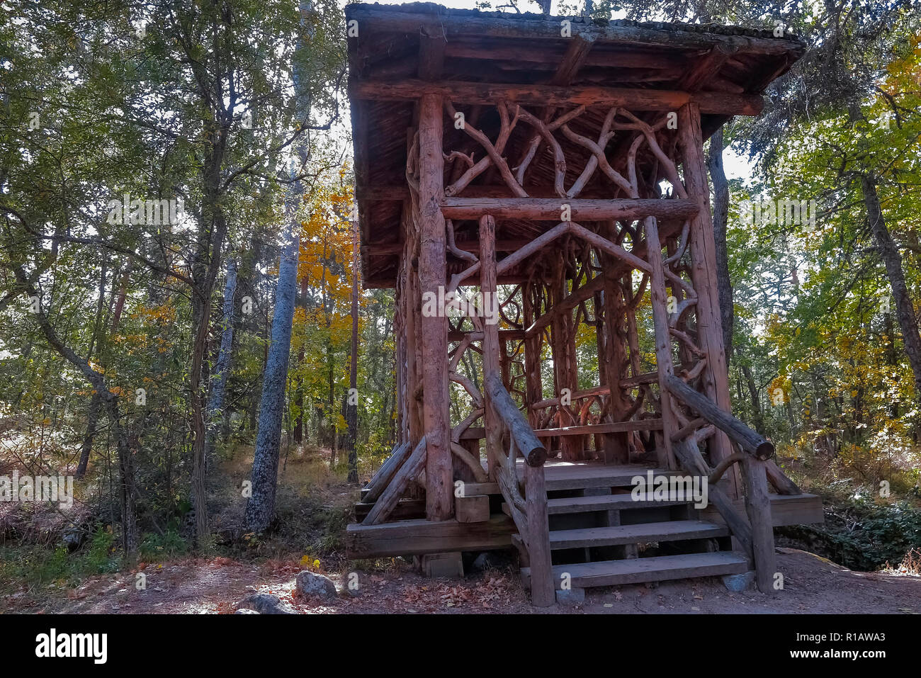 Originelle und kreative Holzbrücke mit interlaced Baumstämmen gemacht Stockfoto