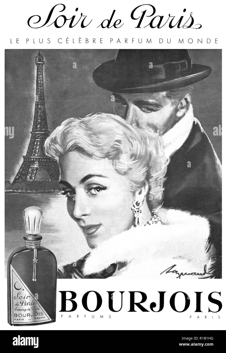 1957 Französische Werbung für Soir De Paris Bourjois Parfüm. Stockfoto