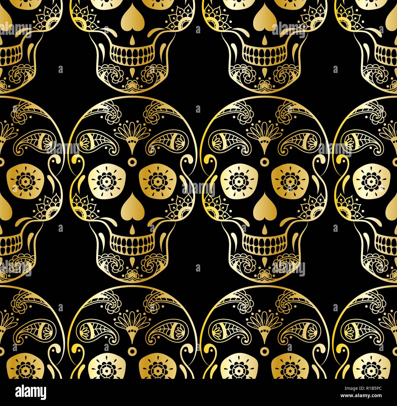 Vektor nahtlose Muster der golden Sugar Skull mit Doodle florale Elemente auf schwarzem Hintergrund. Hintergrund für die mexikanischen Tag der Toten Stock Vektor