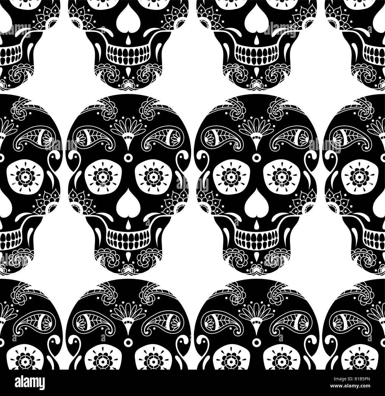 Vektor nahtlose Muster der schwarzen Sugar Skull mit Doodle florale Muster auf weißem Hintergrund. Abbildung für mexikanischen Tag der Toten Stock Vektor