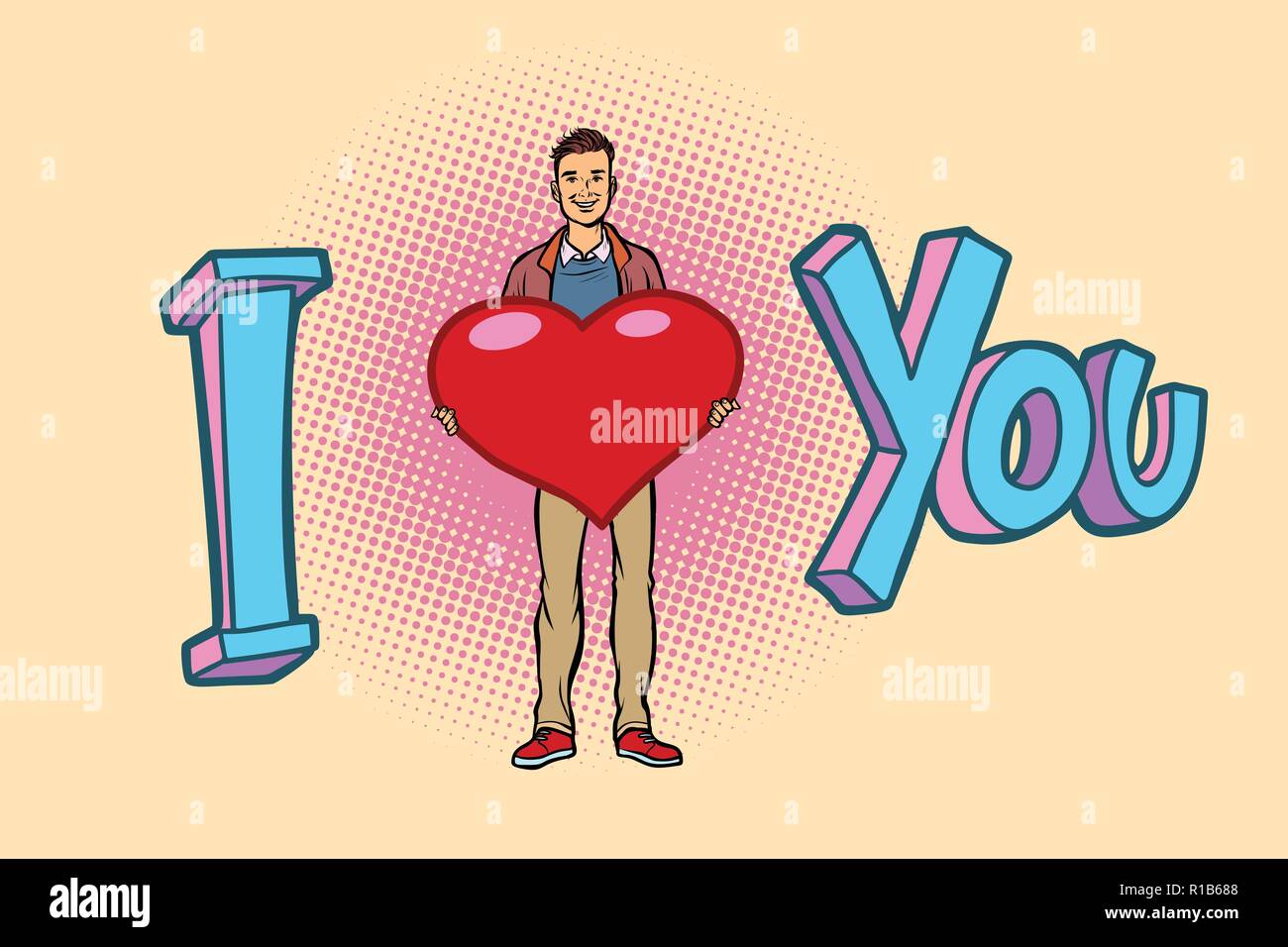 Ich liebe Dich. junger Mann mit valentine Herz. Comic cartoon Pop Art retro Vektor illustration Zeichnung Stock Vektor