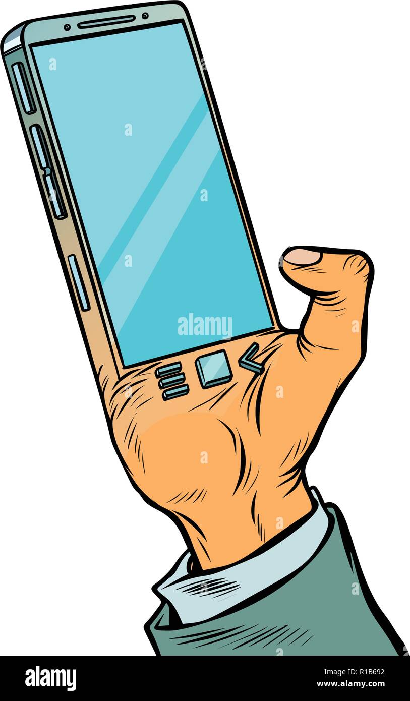 Smartphone ist in den menschlichen Körper implantiert. Biohacking. Comic cartoon Pop Art retro Vektor illustration Zeichnung Stock Vektor