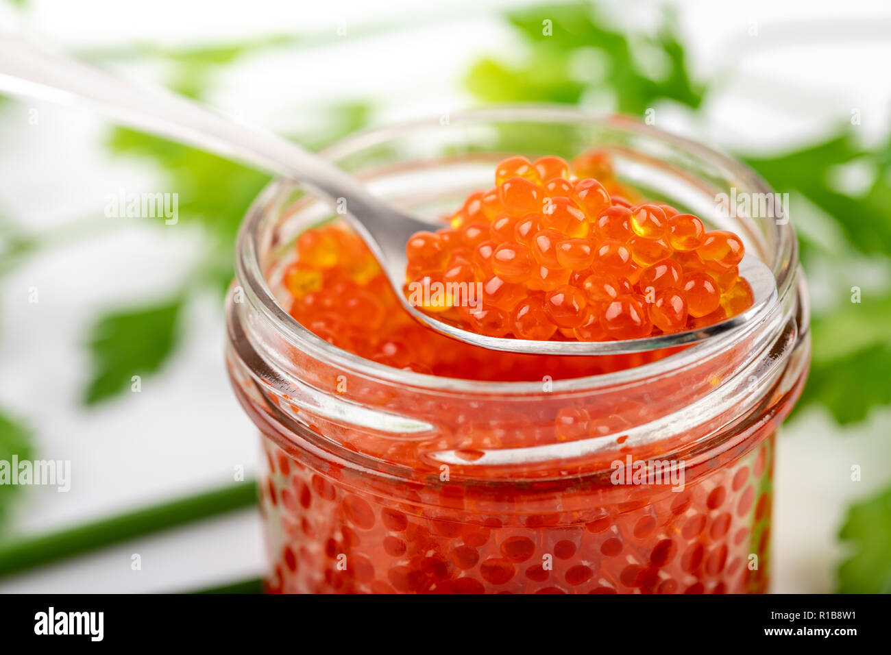 Roter Kaviar auf dem Löffel closeup Stockfoto